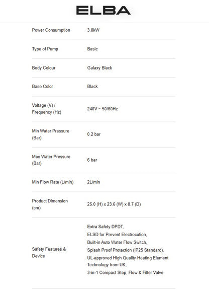 Elba Water Heater No-Pump EWH-K3420(GB) Galaxy Black EWHK3420GB