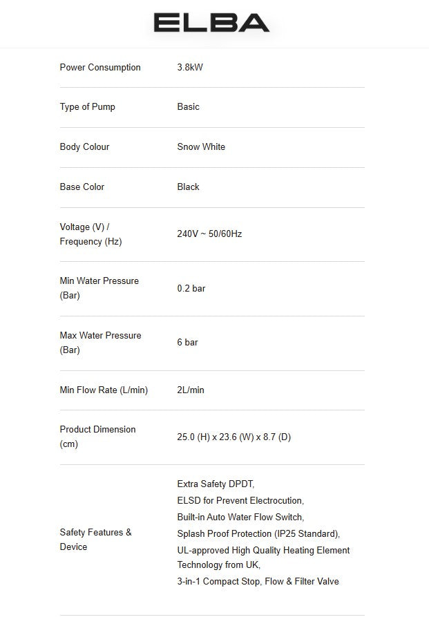 Elba Water Heater No-Pump EWH-K3420(SW) Snow White EWHK3420SW 