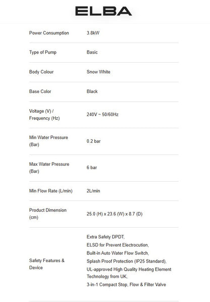 Elba Water Heater No-Pump EWH-K3420(SW) Snow White EWHK3420SW 