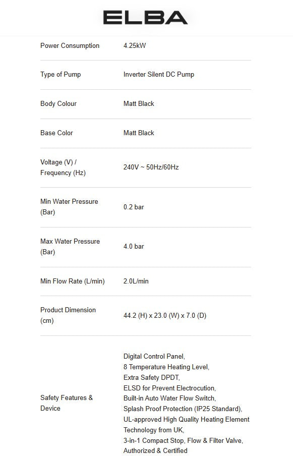 Elba Water Heater EWH-Q4215DC(MB) 4.25kW Digital DC Pump EVVO Series Black EWHQ4215DCMB