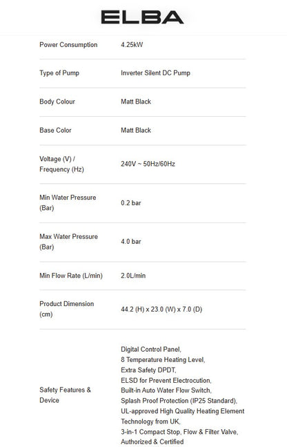 Elba Water Heater EWH-Q4215DC(MB) 4.25kW Digital DC Pump EVVO Series Black EWHQ4215DCMB