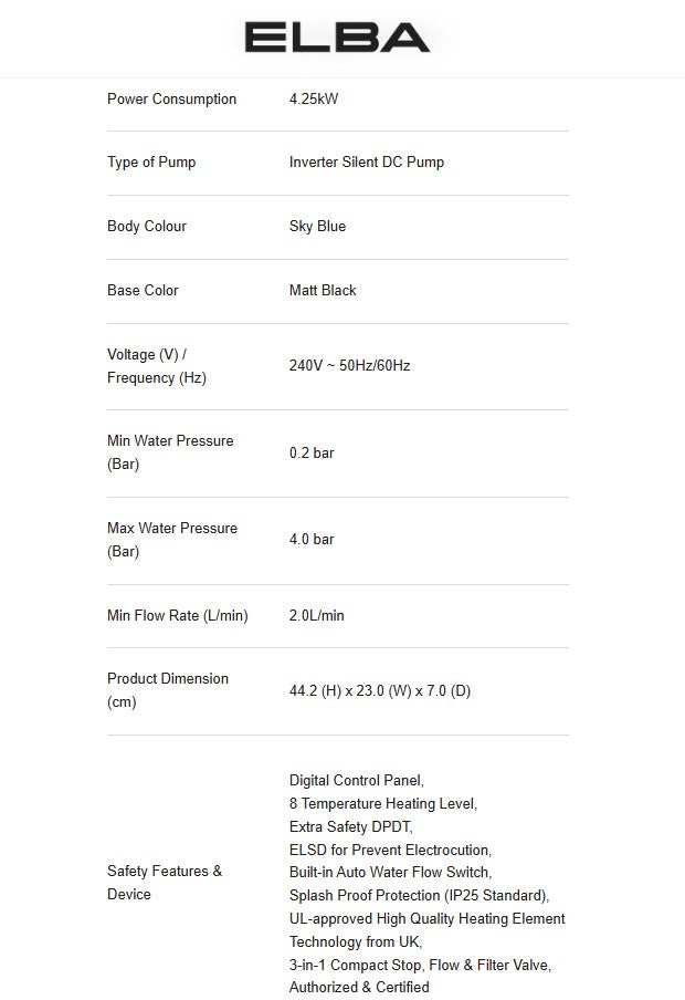 Elba Water Heater EWH-Q4215DC(SB) 4.25kW Digital DC Pump EVVO Series Sky Blue EWHQ4215DCSB