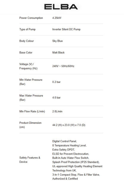 Elba Water Heater EWH-Q4215DC(SB) 4.25kW Digital DC Pump EVVO Series Sky Blue EWHQ4215DCSB