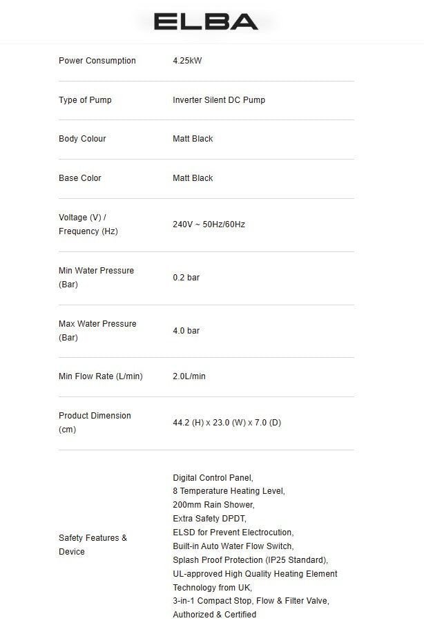 Elba Water Heater 4.25kW EVVO Series EWHR-Q4218DC(MB) Matte Black DC Pump with Rainshower EWHRQ4218DCMB