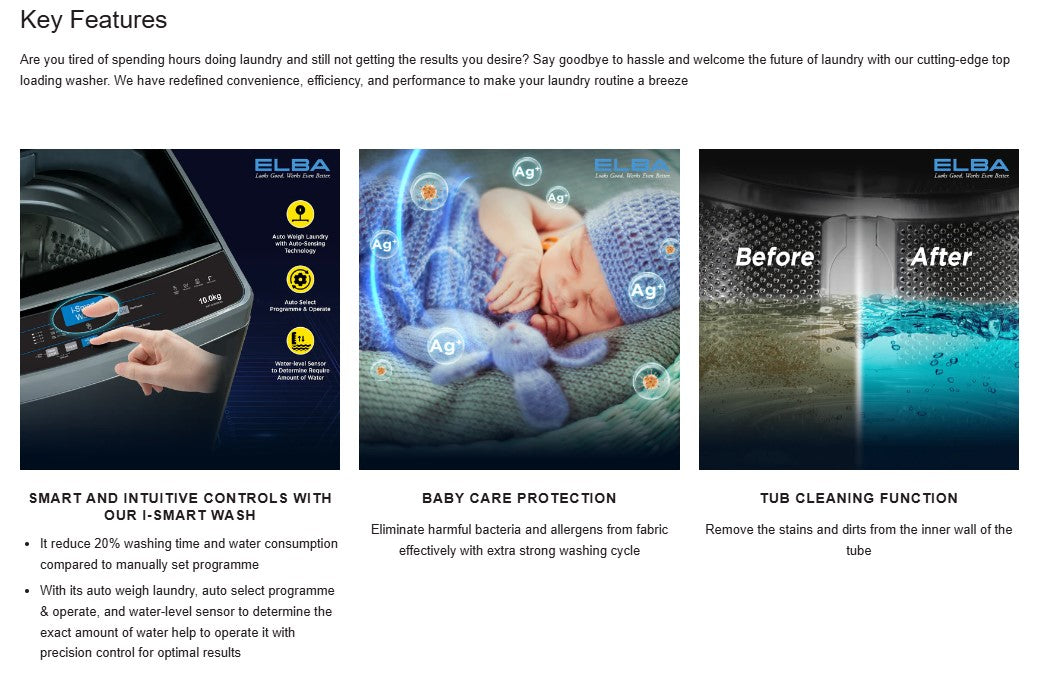 Elba 12KG EWT-N1287D(GR) Top Load Washer Fully automatic Washing Machine Washer EWTN1287DGR