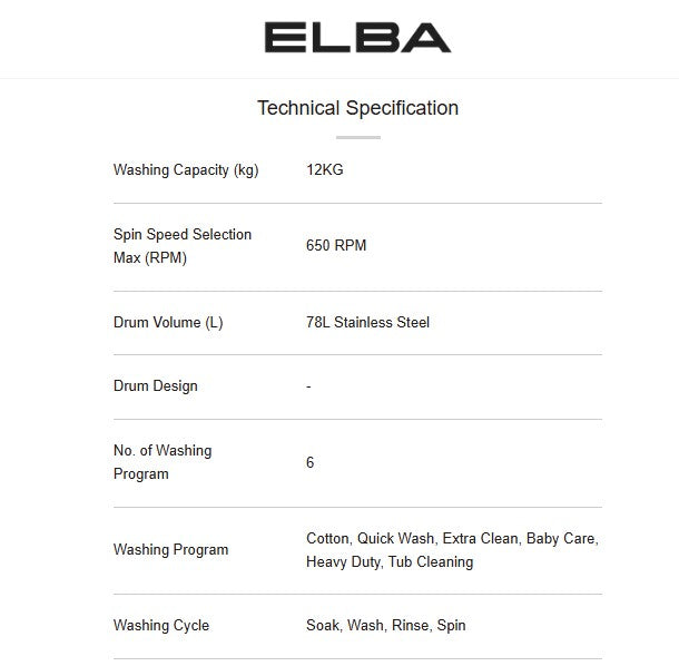 Elba 12KG EWT-N1287D(GR) Top Load Washer Fully automatic Washing Machine Washer EWTN1287DGR