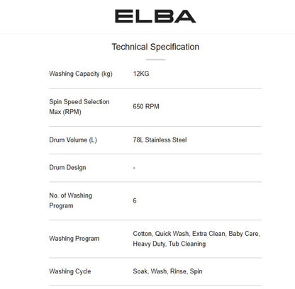 Elba 12KG EWT-N1287D(GR) Top Load Washer Fully automatic Washing Machine Washer EWTN1287DGR