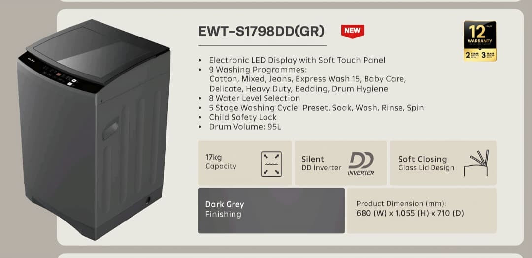 Elba 17.0KG Top Load Washer EWT-S1798DD(GR) Washing Machine EWTS1798DDGR