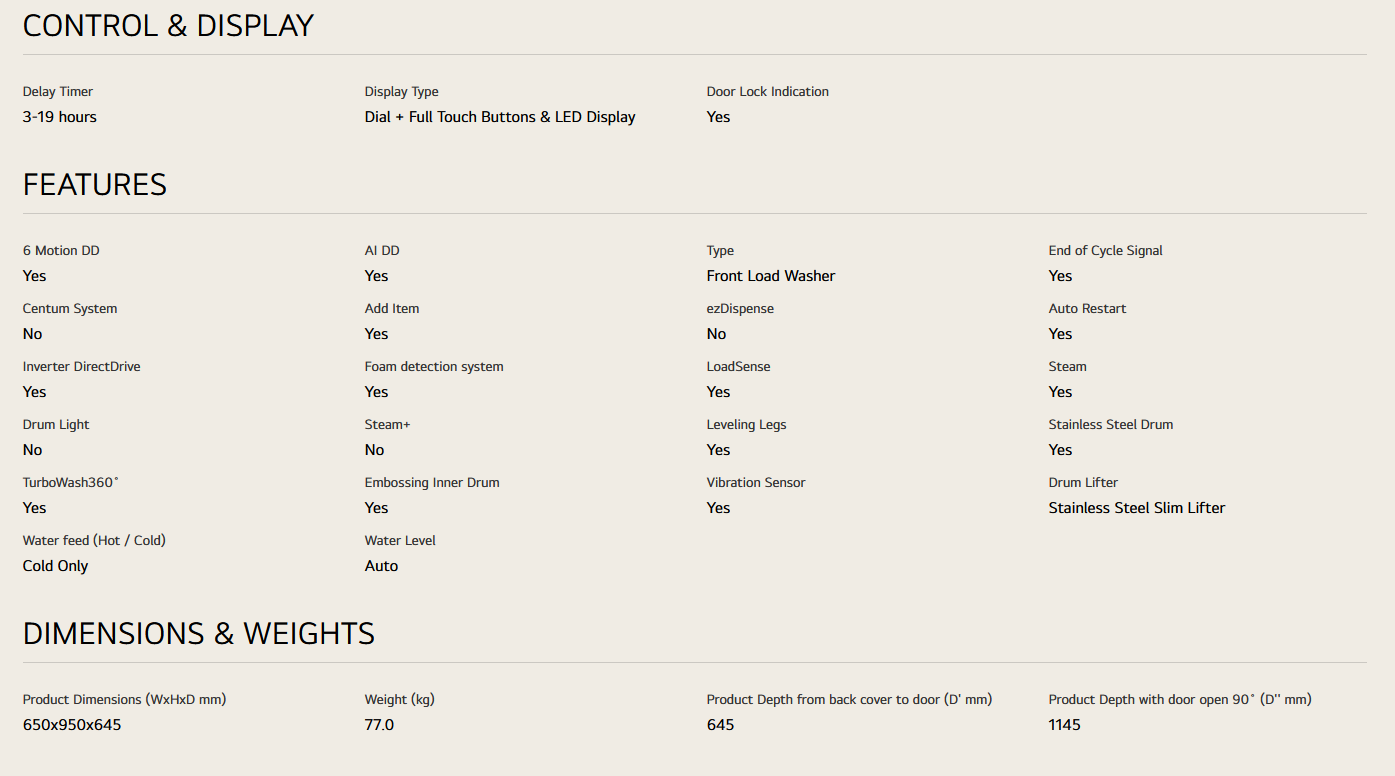 LG F2515RNEG 15/8kg Front Load Washer Dryer with with AI Direct Drive™ and TurboWash™