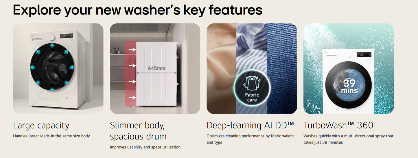 LG F2515SNTGE 15kg Slim Front Load Washer with AI Direct Drive™ and TurboWash™