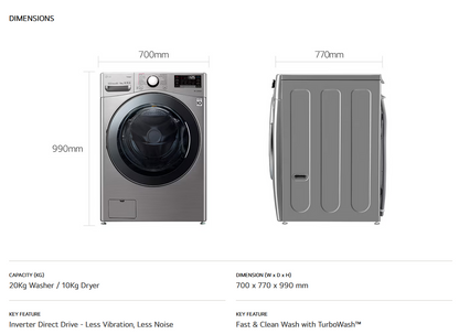 LG F2720RVTV 20/10kg Front Load Washer Dryer with Steam™
