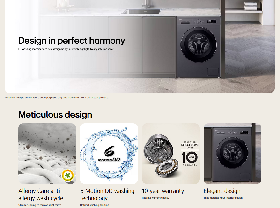 LG FB1209S6M 9kg Front Load Washer with 6 motion Inverter Direct Drive