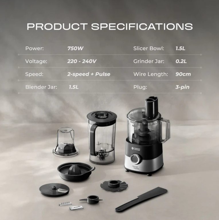 Russell Taylors PowerCrush 9-in-1 Food Processor 1.5L 750W FP6 (Blend, Knead, Slice, Grind)