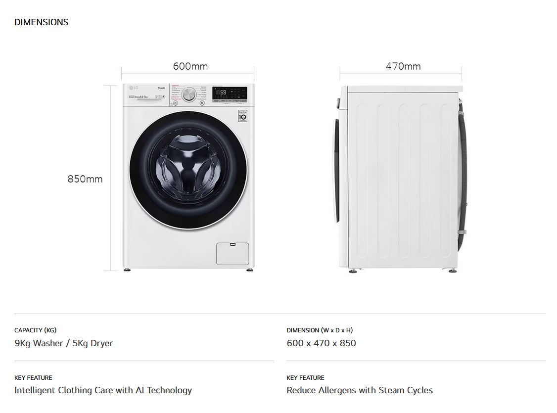 LG FV1209D4W 9/5kg Front Load Washer Dryer with AI Direct Drive™, Steam™
