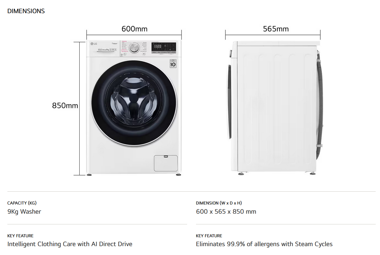 LG FV1409S4W 9kg Front Load Washer with AI Direct Drive™ and Steam™