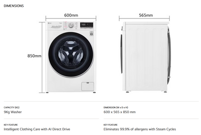 LG FV1409S4W 9kg Front Load Washer with AI Direct Drive™ and Steam™