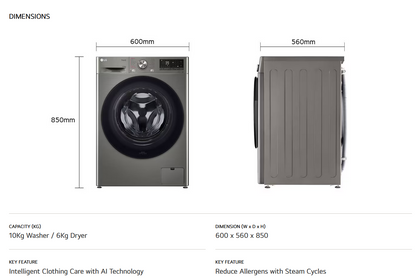 LG FV1410H3P 10/6kg Front Load Washer Dryer with AI Direct Drive™, Steam™