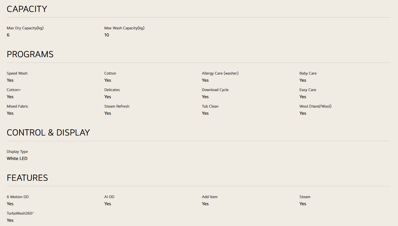 LG FV1410H3P 10/6kg Front Load Washer Dryer with AI Direct Drive™, Steam™