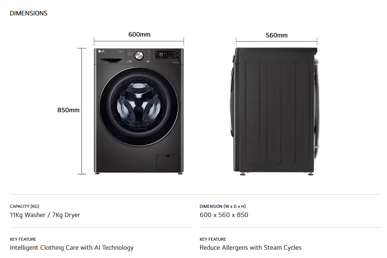 LG FV1411H3BA 11/7kg Front Load Washer Dryer with AI Direct Drive™, Steam™