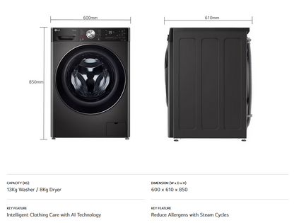 LG FV1413H2BA 13/8kg Front Load Washer with AI Direct Drive™, Steam+™