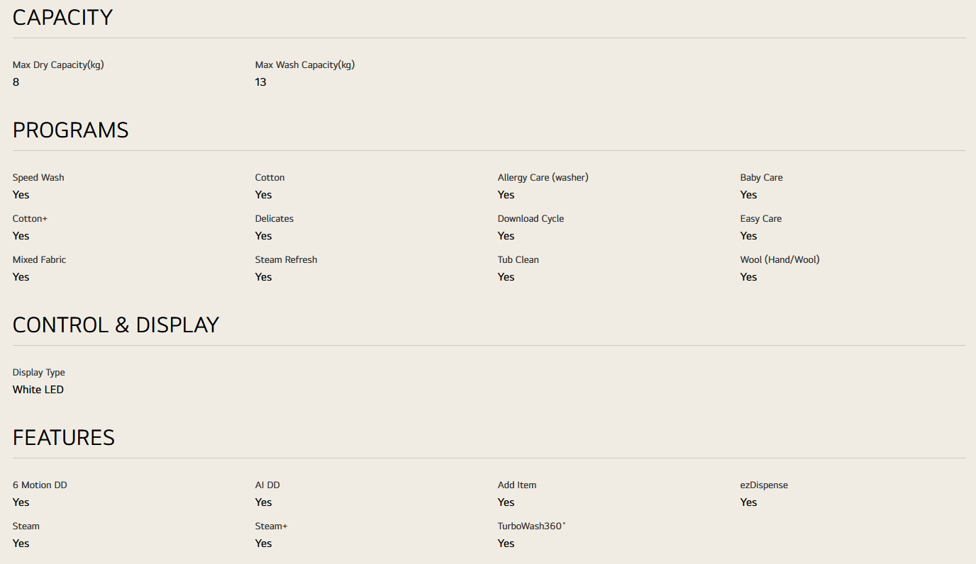 LG FV1413H2BA 13/8kg Front Load Washer with AI Direct Drive™, Steam+™