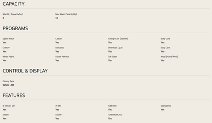 LG FV1413H2BA 13/8kg Front Load Washer with AI Direct Drive™, Steam+™