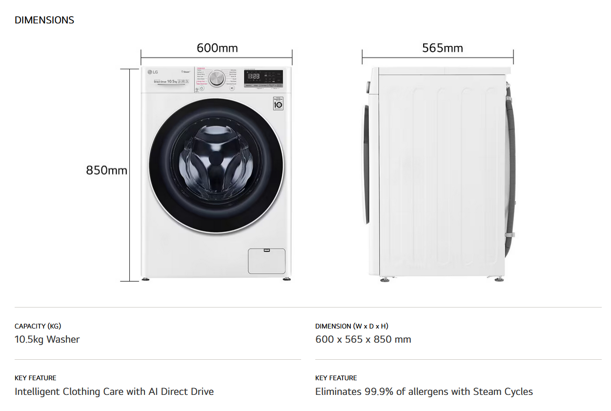 LG FV1450S4W 10.5kg Front Load Washer with AI Direct Drive™ and Steam™