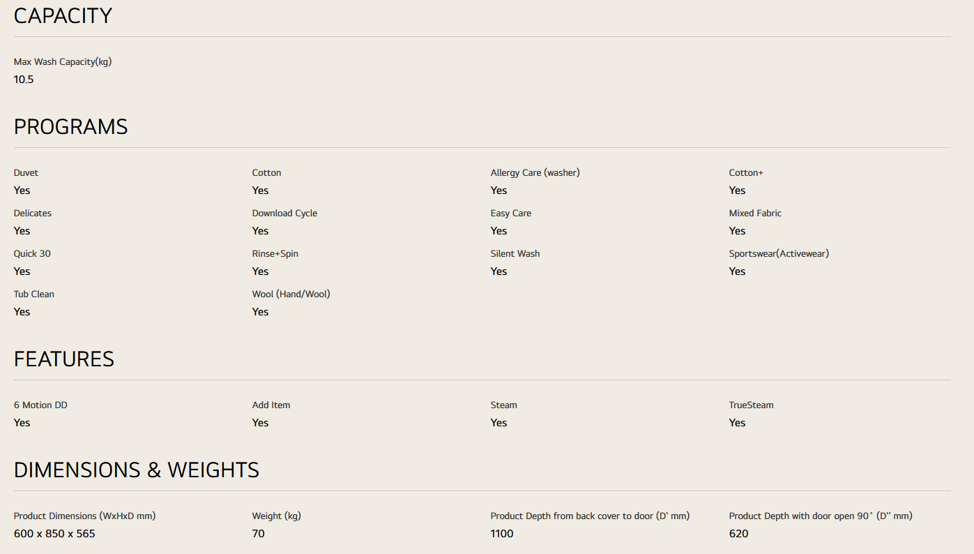 LG FV1450S4W 10.5kg Front Load Washer with AI Direct Drive™ and Steam™