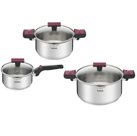 Tefal Cook & Clip 6-Piece Set G723S6 ( 16cm SaucePan + 20cm StewPot + 24cm StewPot ) Induction Cooker Friendly  stainless steel Periuk