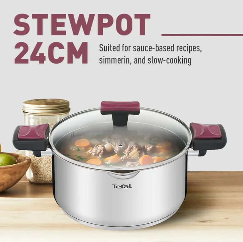 Tefal Cook & Clip 6-Piece Set G723S6 ( 16cm SaucePan + 20cm StewPot + 24cm StewPot ) Induction Cooker Friendly  stainless steel Periuk