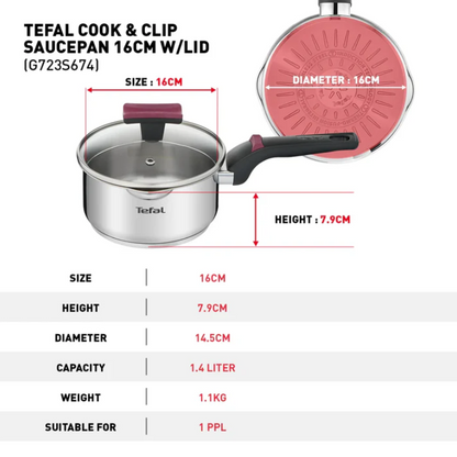 Tefal Cook & Clip 6-Piece Set G723S6 ( 16cm SaucePan + 20cm StewPot + 24cm StewPot ) Induction Cooker Friendly  stainless steel Periuk