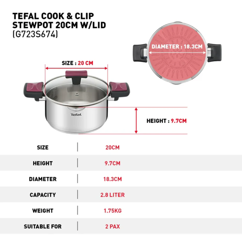 Tefal Cook & Clip 6-Piece Set G723S6 ( 16cm SaucePan + 20cm StewPot + 24cm StewPot ) Induction Cooker Friendly  stainless steel Periuk