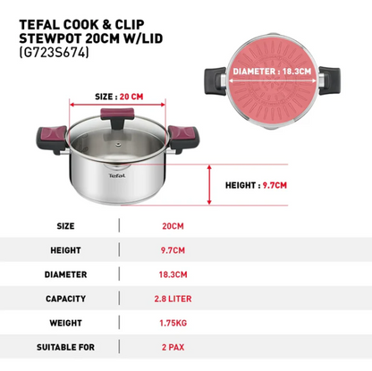 Tefal Cook & Clip 6-Piece Set G723S6 ( 16cm SaucePan + 20cm StewPot + 24cm StewPot ) Induction Cooker Friendly  stainless steel Periuk