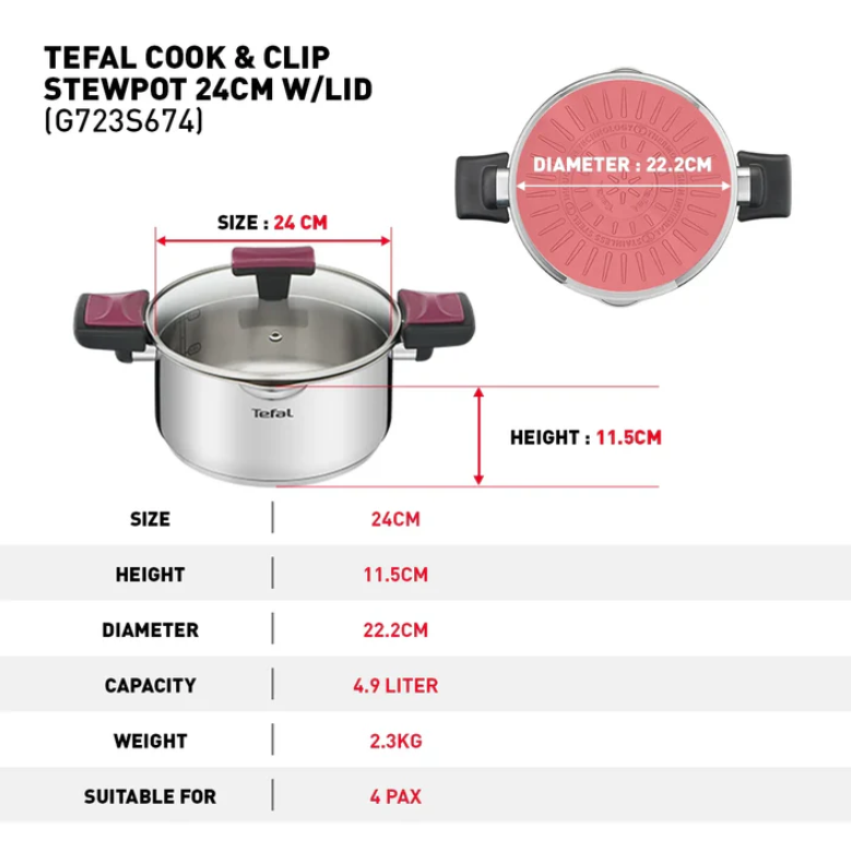 Tefal Cook & Clip 6-Piece Set G723S6 ( 16cm SaucePan + 20cm StewPot + 24cm StewPot ) Induction Cooker Friendly  stainless steel Periuk