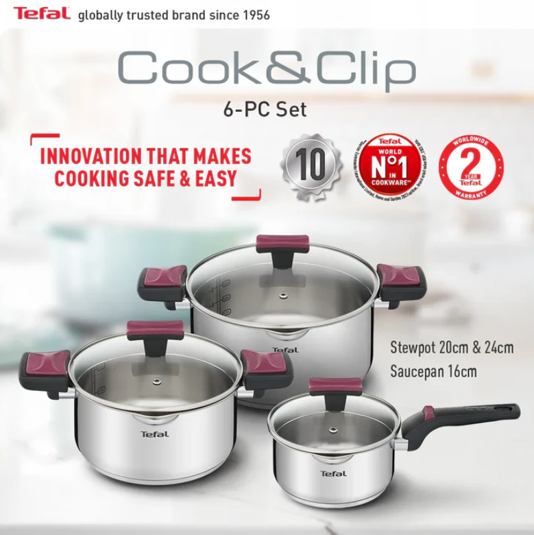 Tefal Cook & Clip 6-Piece Set G723S6 ( 16cm SaucePan + 20cm StewPot + 24cm StewPot ) Induction Cooker Friendly  stainless steel Periuk