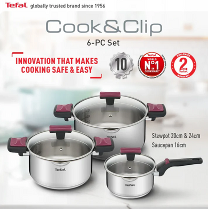 Tefal Cook & Clip 6-Piece Set G723S6 ( 16cm SaucePan + 20cm StewPot + 24cm StewPot ) Induction Cooker Friendly  stainless steel Periuk