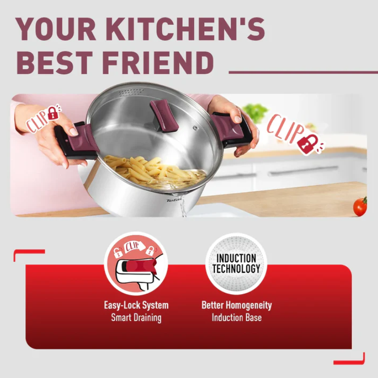Tefal Cook & Clip 6-Piece Set G723S6 ( 16cm SaucePan + 20cm StewPot + 24cm StewPot ) Induction Cooker Friendly  stainless steel Periuk