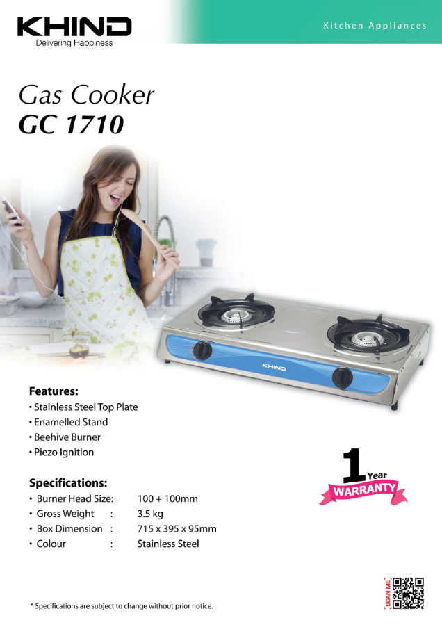 Khind Gas Cooker GC1710 Double Burner Gas Stove