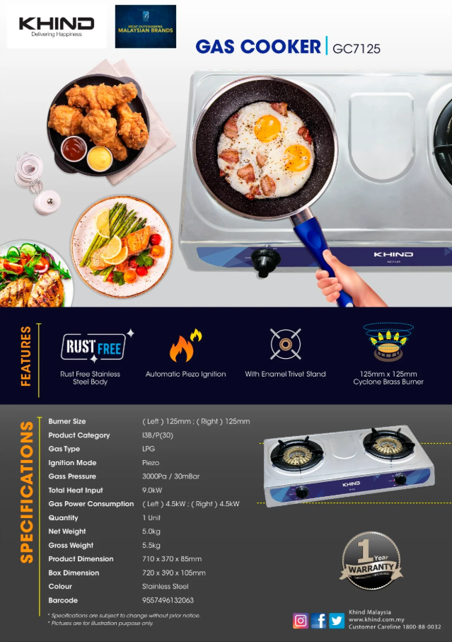 Khind Gas Cooker GC7125 Double Burner Gas Stove