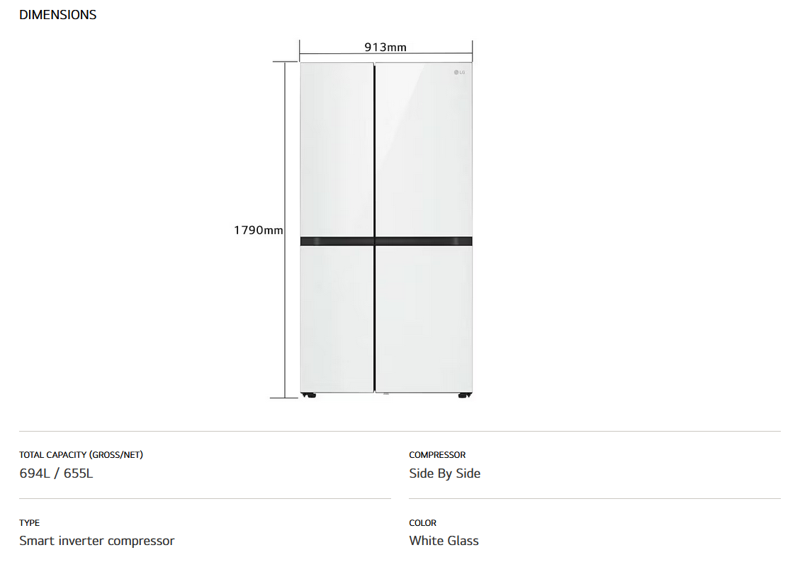 LG GC-M257CGFL 694L Side-by-Side Fridge with Door-in-Door™ in White Glass Finish