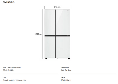 LG GC-M257CGFL 694L Side-by-Side Fridge with Door-in-Door™ in White Glass Finish