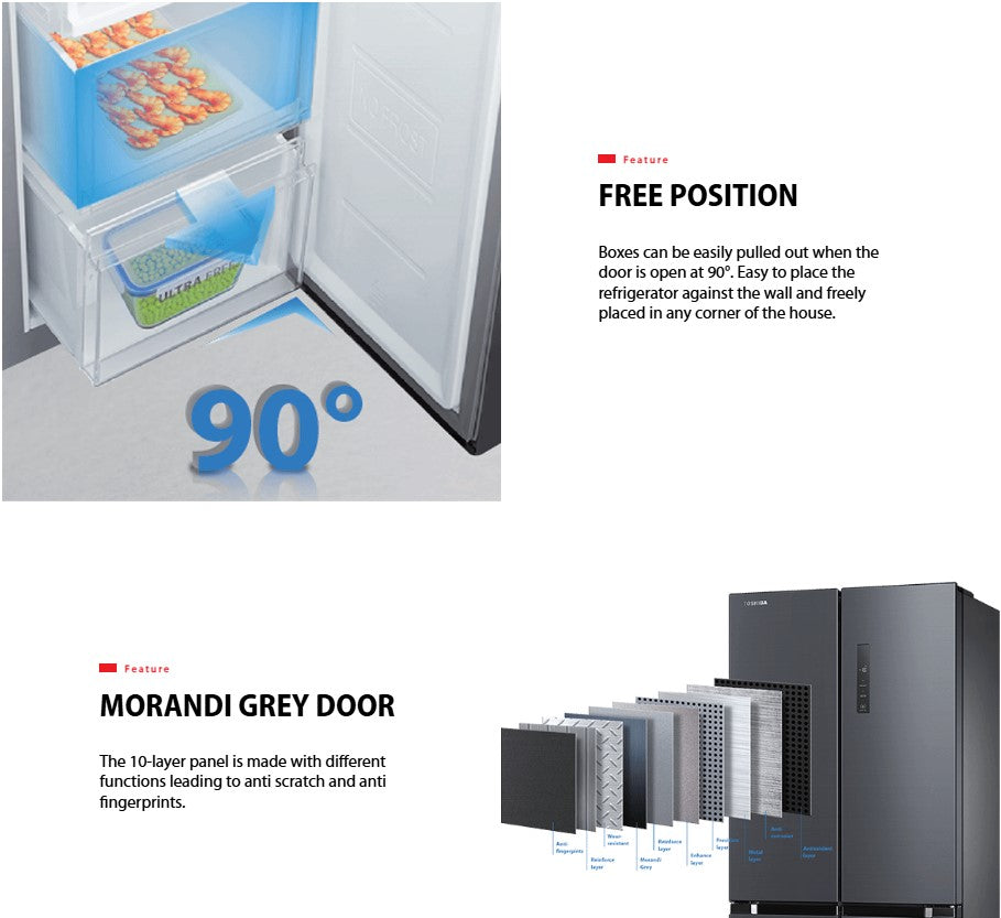Toshiba 580L 4 door French GR-RF608WI-PMY(06) Refrigerator Inverter Fridge GRRF608WIPMY06 Morandi Grey
