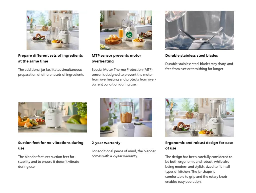 Philips 1L 3000 Series Blender HR2041/50 ProBlend System Blender (1L) with Mill + Additonal Jar HR2041 (White)