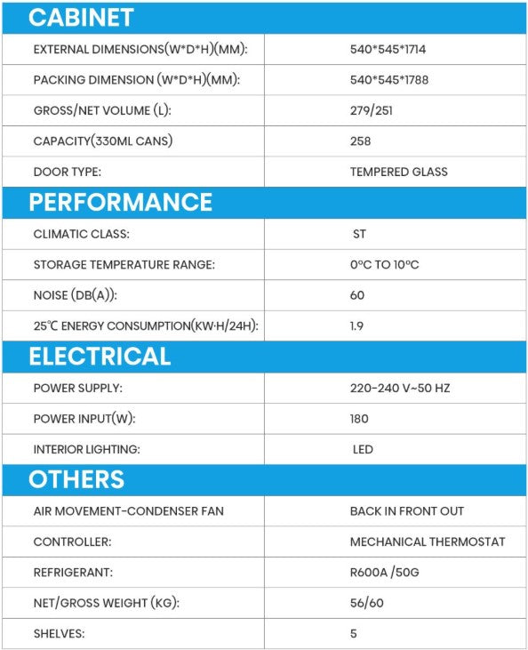 Hisense 251L Chiller HSC-271FLB Upright chiller / beverage cooler HSC271FLB