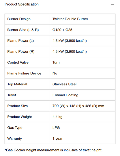 Zenne Double Gas STOVE KGS401C Gas Cooker Original Twister