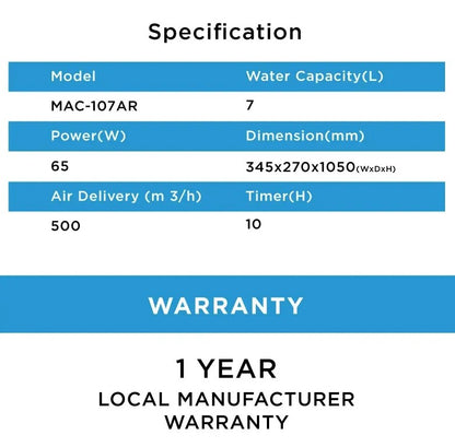 Midea 7.0L Slim Tower MAC-107AR AirCooler MAC107AR Air Cooler 65W