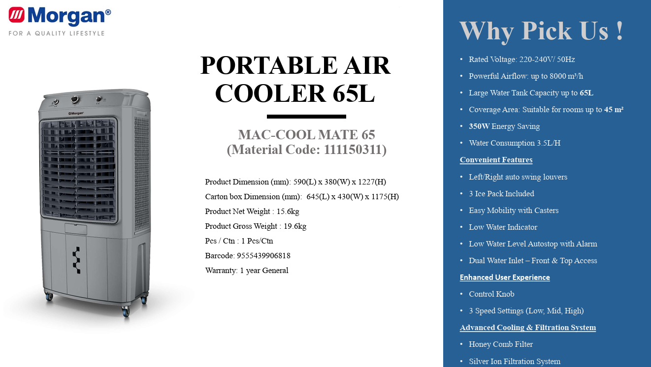 Morgan 65L Air Cooler MAC-COOL MATE 65 / MACCOOLMATE65 ( 8000 m³/h) Commercial with Silver Ion Filtration System