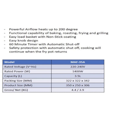 Midea Air Fryer MAF-35A 3.5L Max 1400W All In One Multi Cooker MAF35A