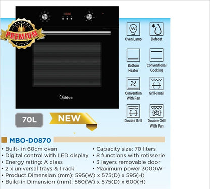 Midea MBO-D0870 70L Built In Oven / MBOD0870 60cm Ketuhar