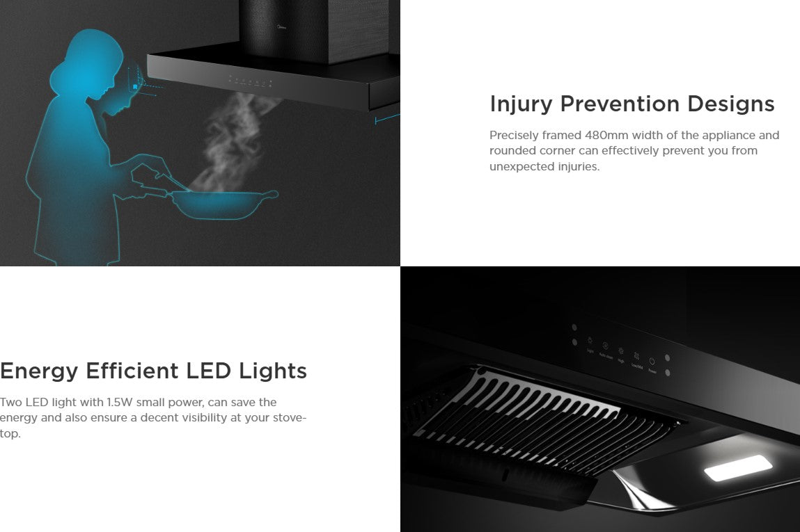 Midea 1500m3/hr Premium Cooker Hood MCH-90B88(BK) / MCH90B88BK